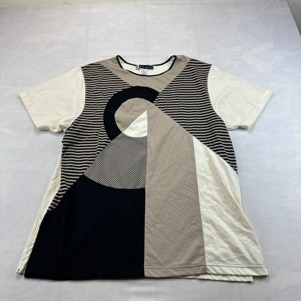 Vtg BLAST T-Shirt Women L Black Tan Striped Colorblock Short Sleeve Pullover Tee